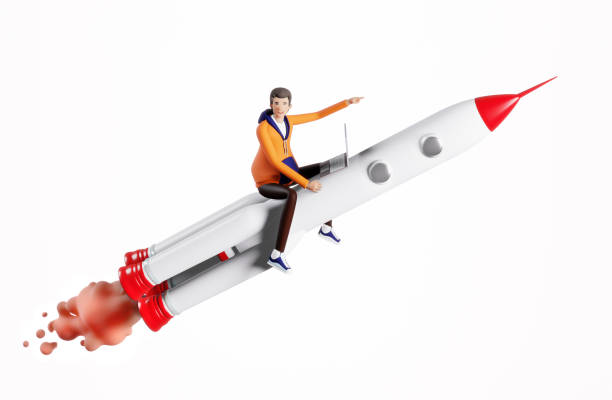 istock Successful business man flying on a rocket, 3D rendering illustration. Start up, success, new business, winner concept 1351859757