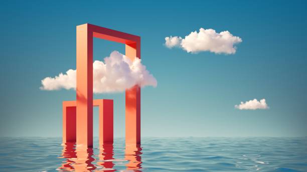 istock 3d render, surreal seascape with white clouds going into the red square portals. Modern minimal abstract background with simple geometric shapes and water 1351862314