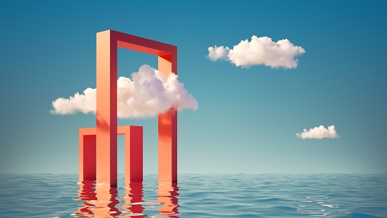 3d render, surreal seascape with white clouds going into the red square portals. Modern minimal abstract background with simple geometric shapes and water