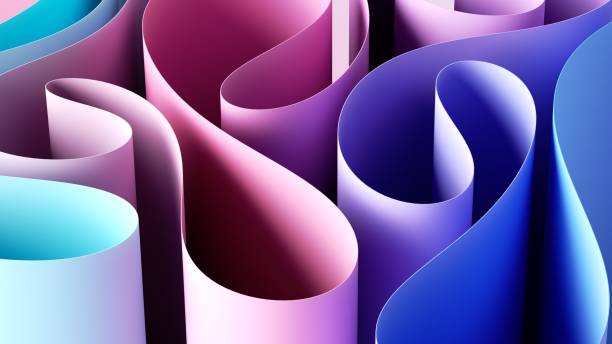 istock 3d render. Abstract pastel pink blue background with folded paper scroll, wavy ribbon edge 1351862759