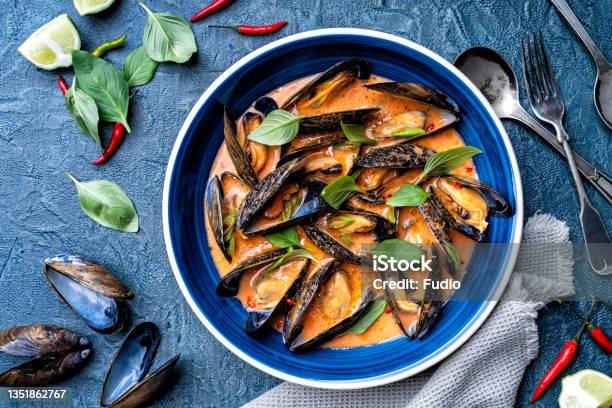 Thai Red Curry Mussels Stock Photo - Download Image Now - Mussel, Blue, Food