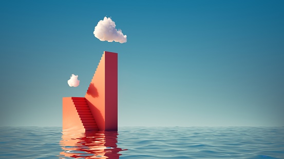 3d render, Surreal seascape. White clouds in the blue sky above the high red stairs. Modern minimal abstract background with geometric shape and water. Challenge concept, business metaphor
