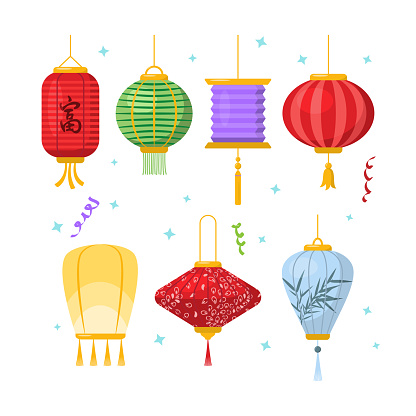 Collection of colorful festive chinese paper lanterns. Isolated objects for traditional festival greeting cards, Chinese New Year posters, banners. Flat vector illustration
