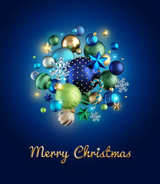 3d render, Merry Christmas greeting card with golden script text and assorted glass balls and ornaments, isolated on blue background
