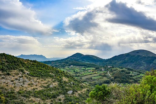 A valley seen from Castel di Sasso, a small village in the mountains of the province of Caserta, Italy.