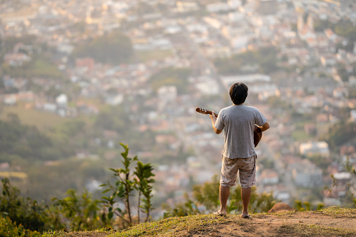 View, Man, Guitar, Mountain, Sunset