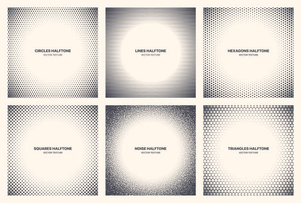 Different Variations Halftone Circle Frame Set Vector Isolated Abstract Patterns Different Variations Halftone Circle Frame Set Vector Abstract Geometric Patterns Isolated On White Background. Various Half Tone Texture Collection Circles Lines Noise Squares Hexagons Triangles half tone stock illustrations