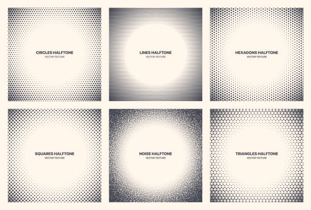 Different Variations Halftone Circle Frame Set Vector Isolated Abstract Patterns Different Variations Halftone Circle Frame Set Vector Abstract Geometric Patterns Isolated On White Background. Various Half Tone Texture Collection Circles Lines Noise Squares Hexagons Triangles black triangle pattern stock illustrations