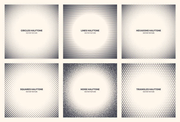 Different Variations Halftone Circle Frame Set Vector Isolated Abstract Patterns Different Variations Halftone Circle Frame Set Vector Abstract Geometric Patterns Isolated On White Background. Various Half Tone Texture Collection Circles Lines Noise Squares Hexagons Triangles vignette stock illustrations