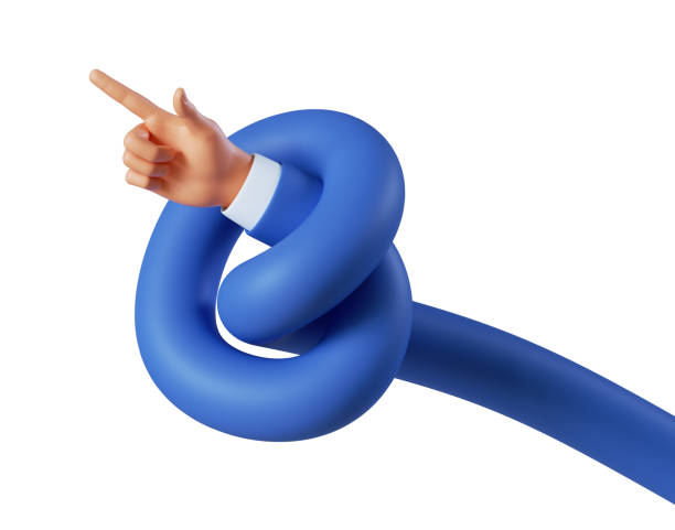 istock 3d render, funny cartoon character knotted hand shows direction with pointing finger. Attention concept. Business clip art isolated on white background 1351867136