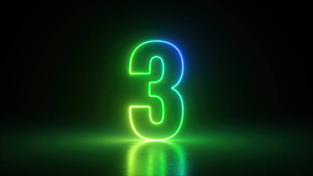 istock 3d render, number three glowing in the dark with green blue neon light. The third place concept 1351867440