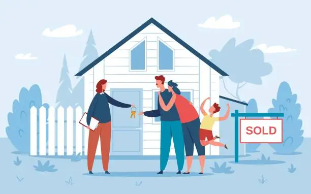 Vector illustration of Family buying new house, real estate agent giving keys to buyers. Happy couple with kids purchasing property, real estate vector illustration