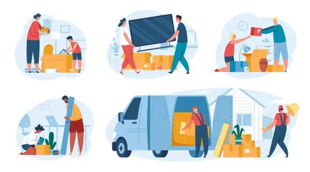 Vector illustration of People moving houses, family relocating to new home. Characters unpacking things, delivery workers loading boxes in truck vector set