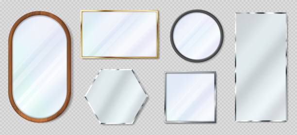 Realistic mirror in various shapes, reflective glass with metal frames. 3d metallic gold and wooden frame mirrors, interior decor vector set vector art illustration