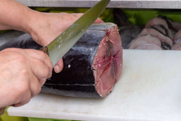 thon rouge poisson cru viande crue coupée de la mer - tuna tuna steak raw bluefin tuna photos et images de collection