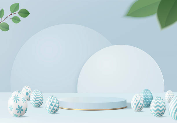 easter eggs podium mit 3d-vektor im blauen szenenhintergrund. ostertag mit geometrieplattform zur produktpräsentation. zeigen kosmetikprodukte.  bühnenvitrine auf dem sockel-display-studio - podium pedestal construction platform award stock-grafiken, -clipart, -cartoons und -symbole