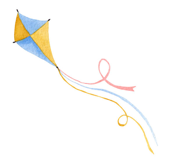 Watercolor kite with ribbons Watercolor Kite flying in the air with colorful ribbons. Hand painted illustration in delicate yellow and blue colors sky kite stock illustrations