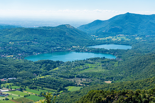 Avigliana Lakes as seen from the Sacra di San Michele (Saint Michael's Abbey). Province of Turin, Piedmont, Italy.