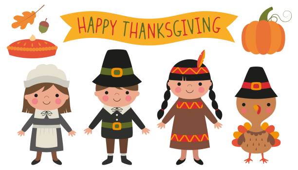 추수 감사절 벡터 클립 아트 - thanksgiving pilgrim turkey little girls stock illustrations