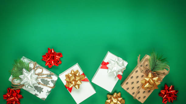 istock Green Christmas celebration holiday composition background. 1351874273