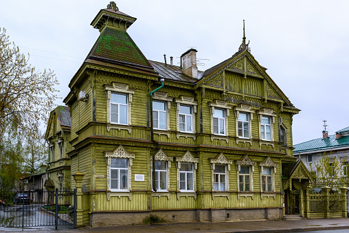 Kostroma, Russia -10 May 2021. Old wooden house on the main street