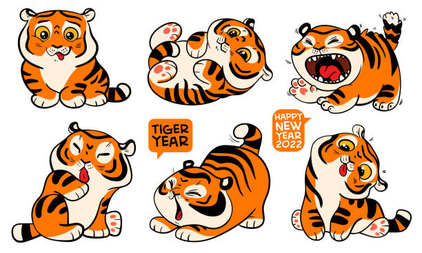 Funny little tiger cubs. Symbol of the Chinese New Year vector art illustration