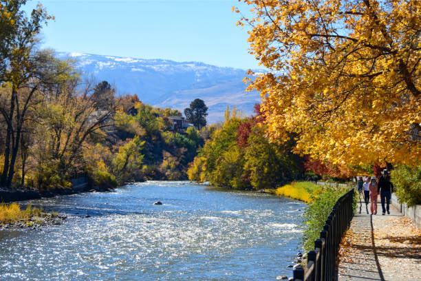Truckee River, Reno, NV Truckee Riveer sparkles  in the autumn sunlight alongside the River Walk in Reno, Nevada. truckee river photos stock pictures, royalty-free photos & images
