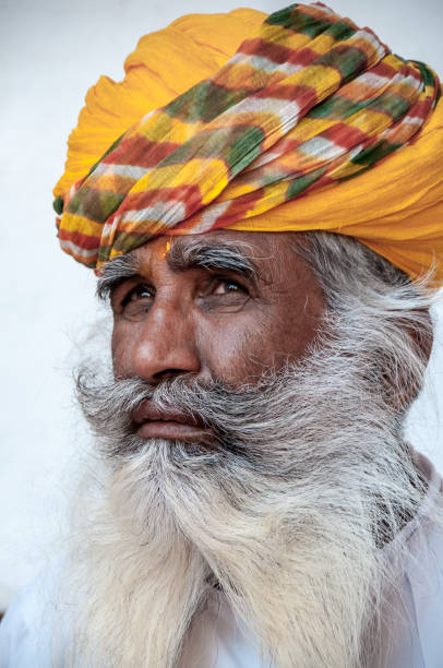 터번과 수염을 가진 노인과 자랑스러운 인도인의 초상화. - mehrangarh 뉴스 사진 이미지