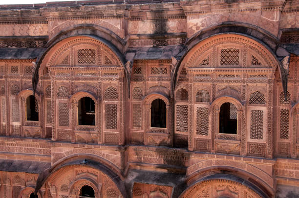 Jodhpur, Rajasthan, India - oct 17, 2011 : the facades of the palace inside the Mehrangarh Fort are characterized by inlaid work, in Jodhpur