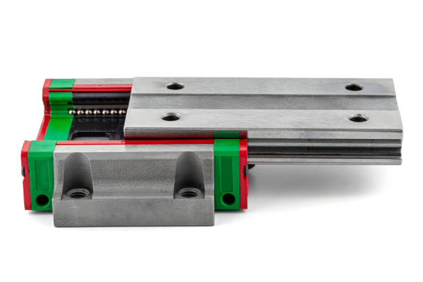 istock Macro photo of a old linear bearing with a linear trolley, isolated on a white background. 1351877452