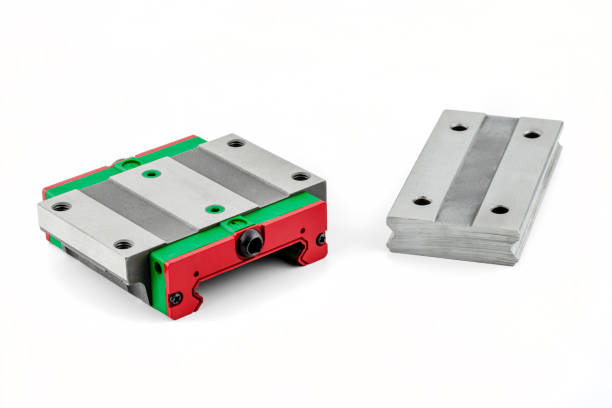 istock Macro photo of a old linear bearing with a linear trolley, isolated on a white background. 1351878097