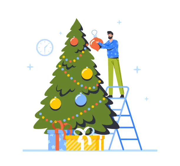 Vector illustration of Happy Character Decorate Christmas Tree. Man Stand on Ladder Put Ball on Branch Prepare for New Year or Christmas