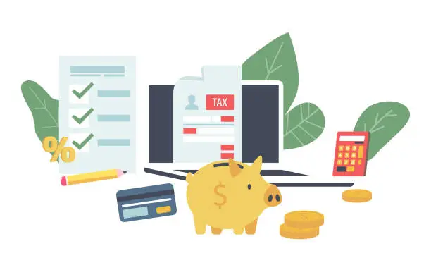 Vector illustration of Tax Payment via Internet, Online Government Service Financial Concept. Laptop, Tax Form, Piggy Bank, Calculator or Coins