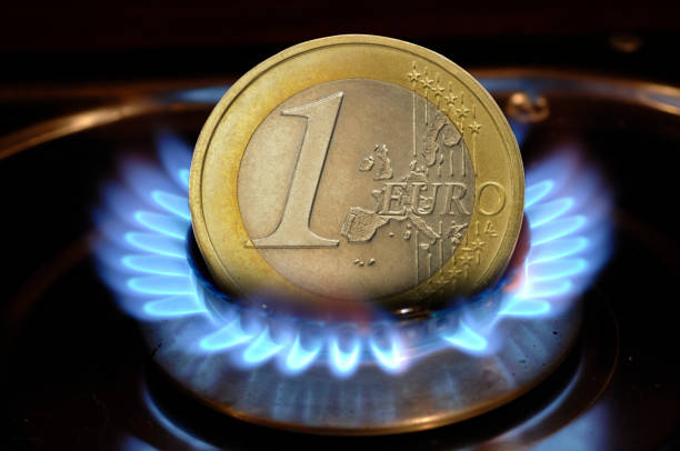 Euro coin burning in gas flame stock photo