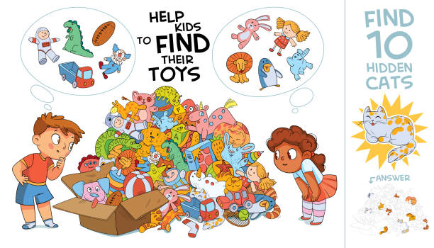 Help kids find their toys. Find hidden objects. Visual game Help kids find their toys. Find 10 hidden cats. Children and huge bunch of different and colored toys. Find 10 hidden objects in the picture. Puzzle Hidden Items. Visual Game. Funny cartoon character riddle stock illustrations