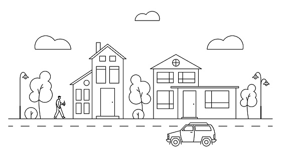 Vector line art illustration with suburban cityscape and different buildings.