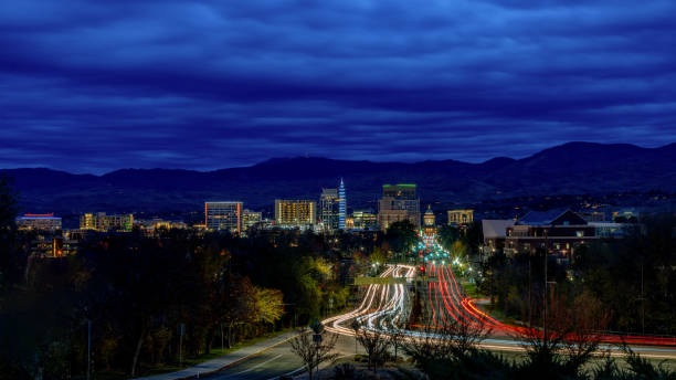 istock Boise skyline at night with streaking car lights 1351880004