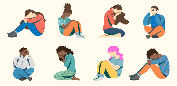 ilustrações de stock, clip art, desenhos animados e ícones de young people, teenagers suffering from psychological diseases, depression, anxiety. girls and young people are sitting sadly on the floor, covering their faces with their hands - chorar ilustrações