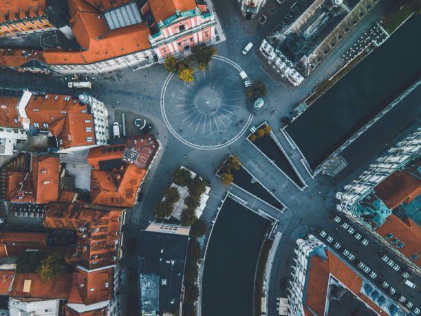 Drone views of the Slovenian capital of Ljubljana stock photo