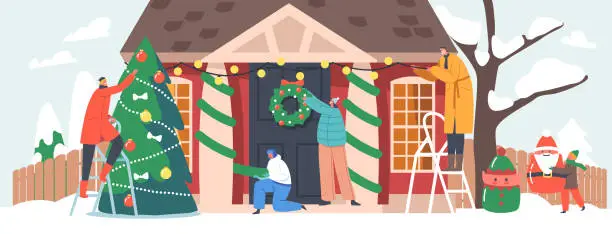 Vector illustration of Happy Family Decorate House for Christmas. Parents and Kids Hang Festive Wreath and Spruce Branches on Home Door