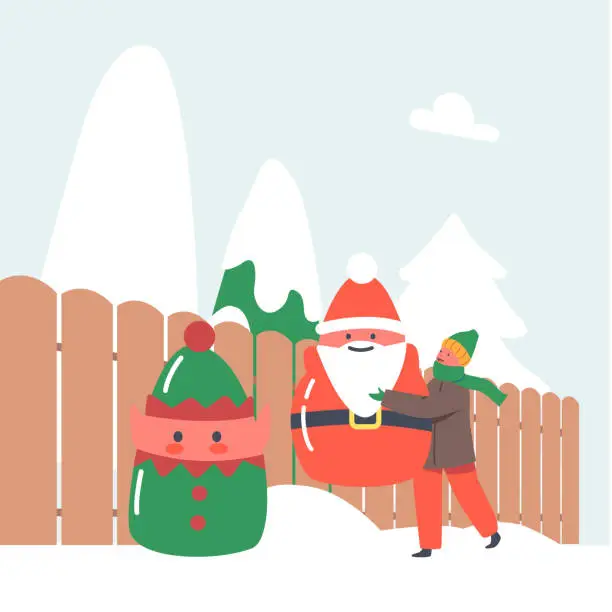 Vector illustration of Little Child Decorate House Yard with Christmas Statues of Santa Claus and Elf put them into Snow Drift near Fence, Xmas