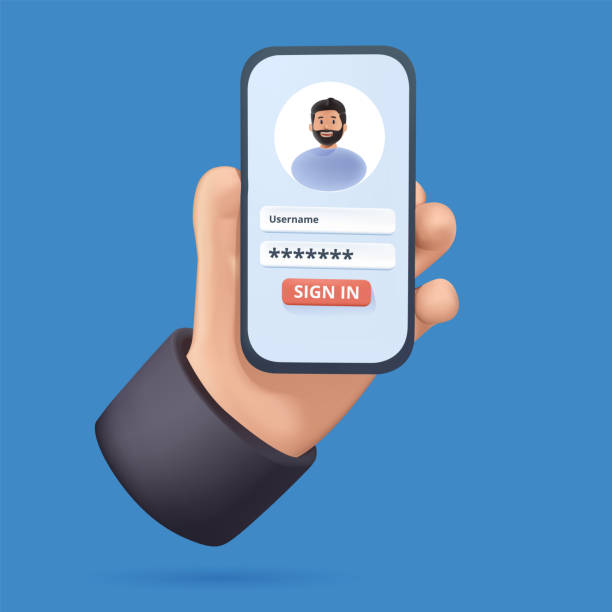 スマートフォンアプリでオンラインアカウントにログインします。安全なログインとパスワード。3d ベクトルのイラストレーション。 - password log on security security system点のイラスト素材／クリップアート素材／マンガ素材／アイコン素材