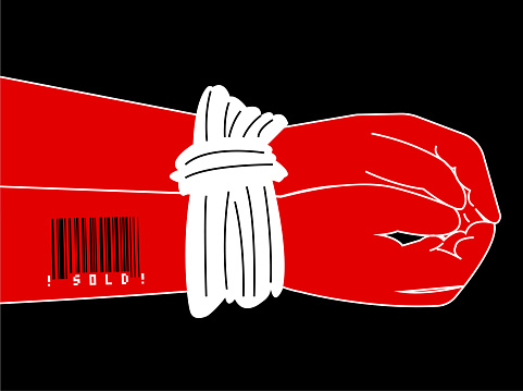 A hand tied up and barcode is tattooed. The word sold is written under barcode , this illustration depicts human trafficking