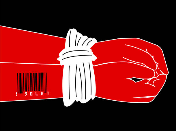 Human trafficking illustration A hand tied up and barcode is tattooed. The word sold is written under barcode , this illustration depicts human trafficking Domination stock illustrations