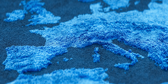 Blue abstract World map made with blocks.