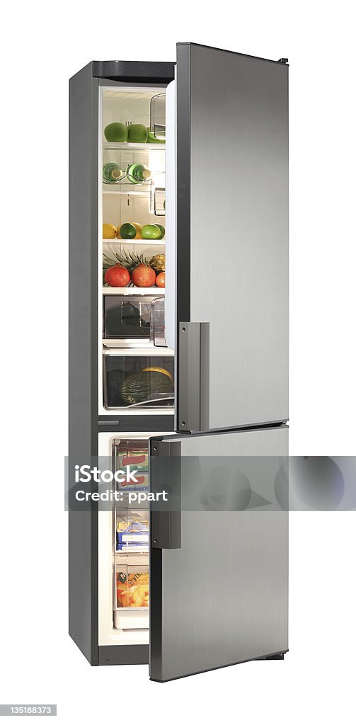 Full of fresh food refrigerator. Two door refrigerator isolated on white Refrigerator Stock Photo