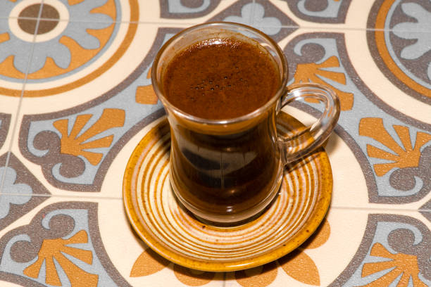 istock Turkish coffee cup, traditional coffee, background wooden table, Turkish coffee, empty area. 1351886265