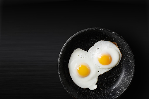 Fried eggs in skillet. Copy space for your text. Flat lay.