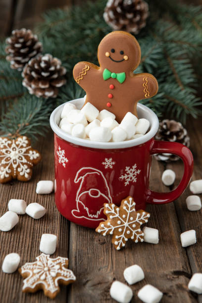 istock Mug with hot chocolate  and gingerbread cookies on wooden table 1351887113