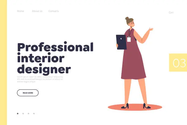 Vector illustration of Professional interior designer concept of landing page with lady at work presenting furniture design